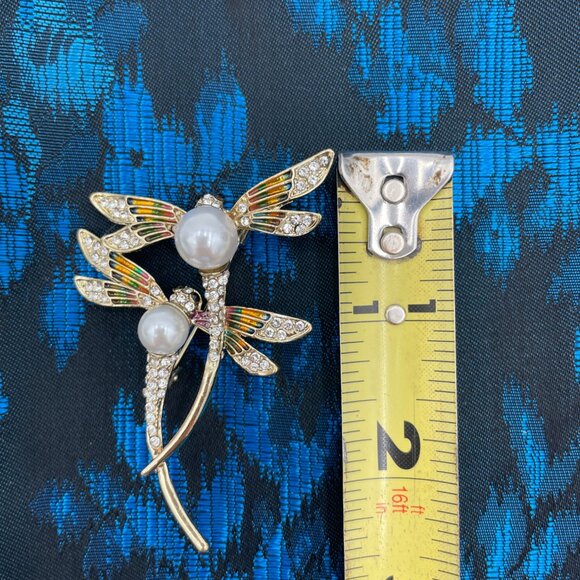 Dragonfly Brooch With Faux Pearls & Rhinestones Gold-tone 2.5" Elegant Pin Jewel - Picture 3 of 3